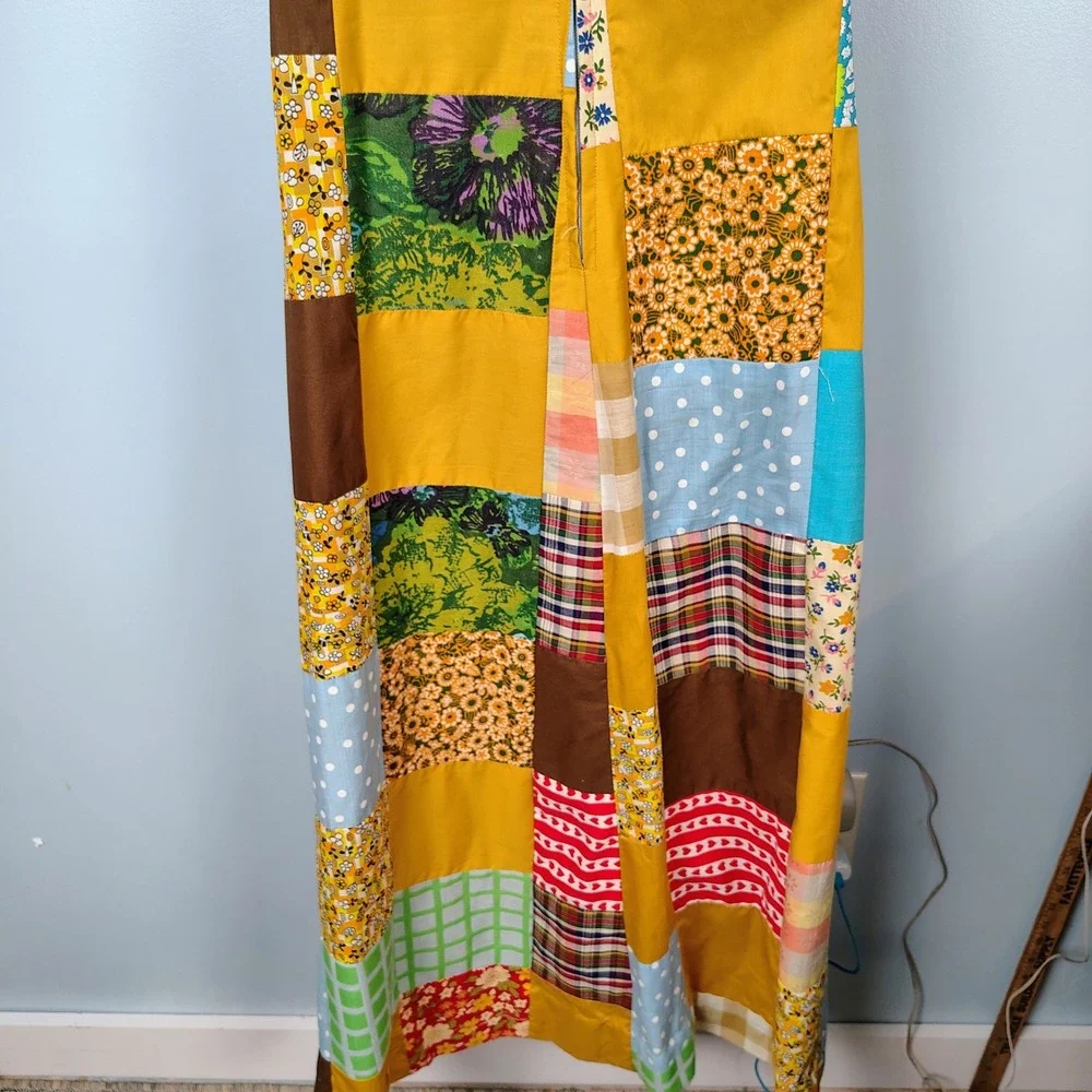 Vintage Handmade Patchwork Maxi Dress Multi Color Floral Gingham Rickrack Trim